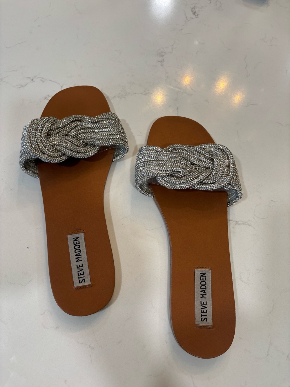 Steve Madden Silver Braided Knot Slide Sandals - Tan Footbed